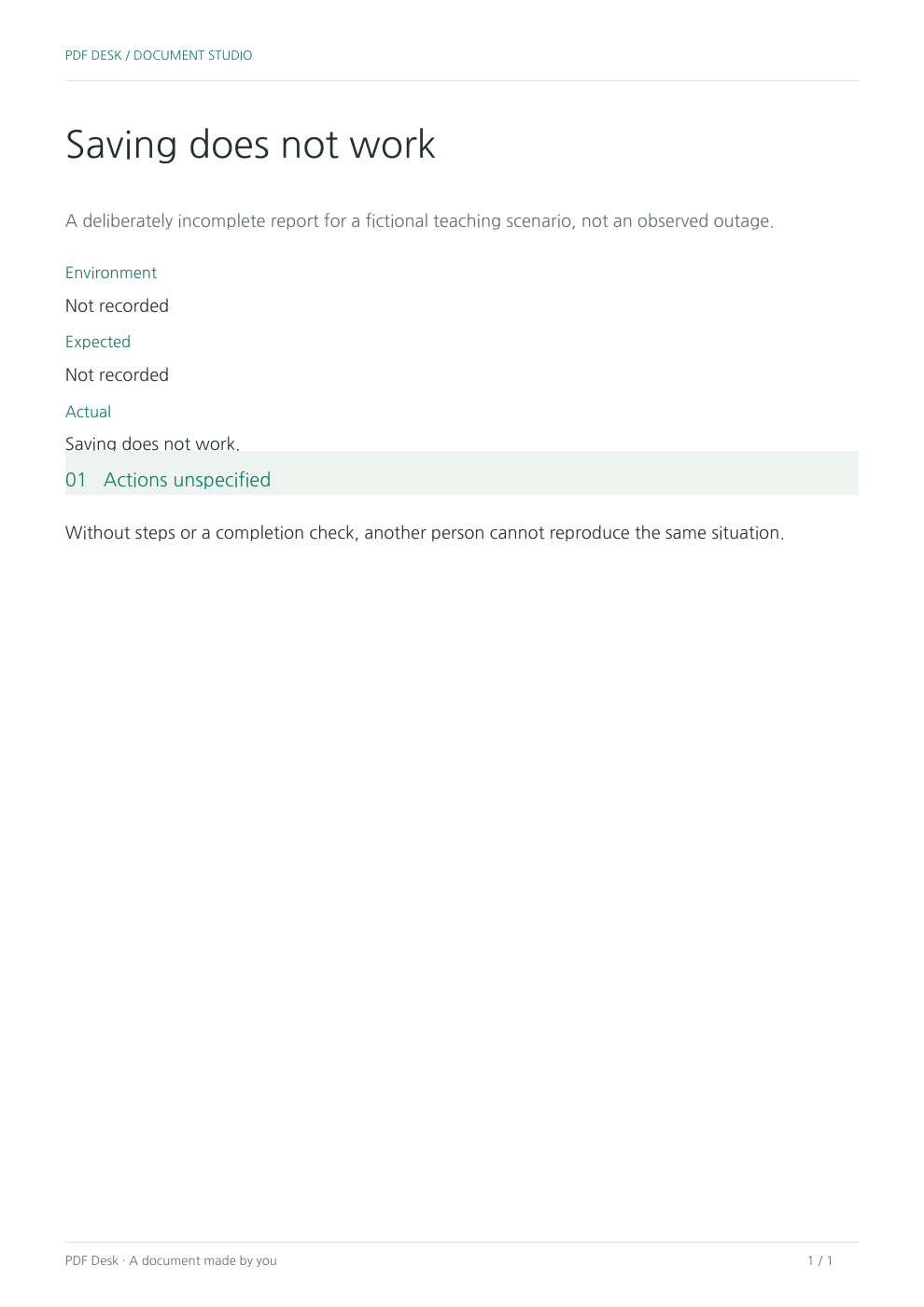 Deliberately incomplete fictional report PDF